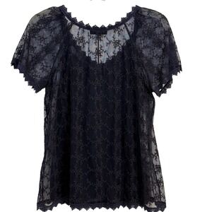 INC International Concepts Lace Top Sheer Short Sleeve Blouse Navy S Whimiscal